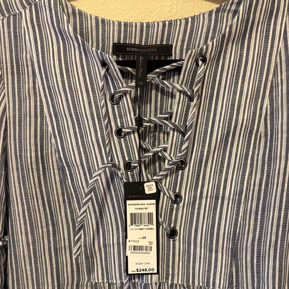 BCBGMaxAzria Blue and White Lace-Up Top - Picture 2 of 3